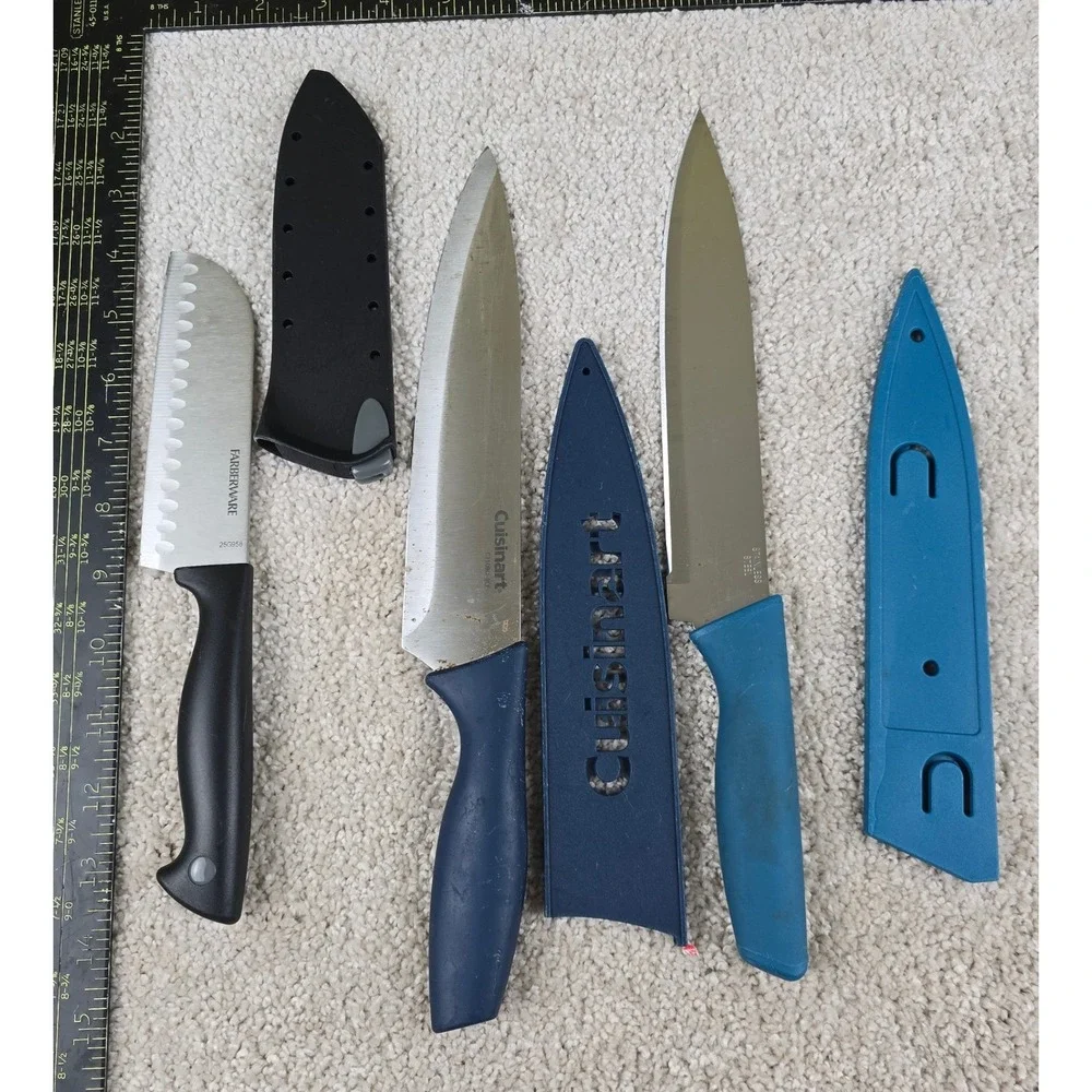 Cuisinart Farberware Chef Knife Set Blue Black 3 Piece With Sheaths Used